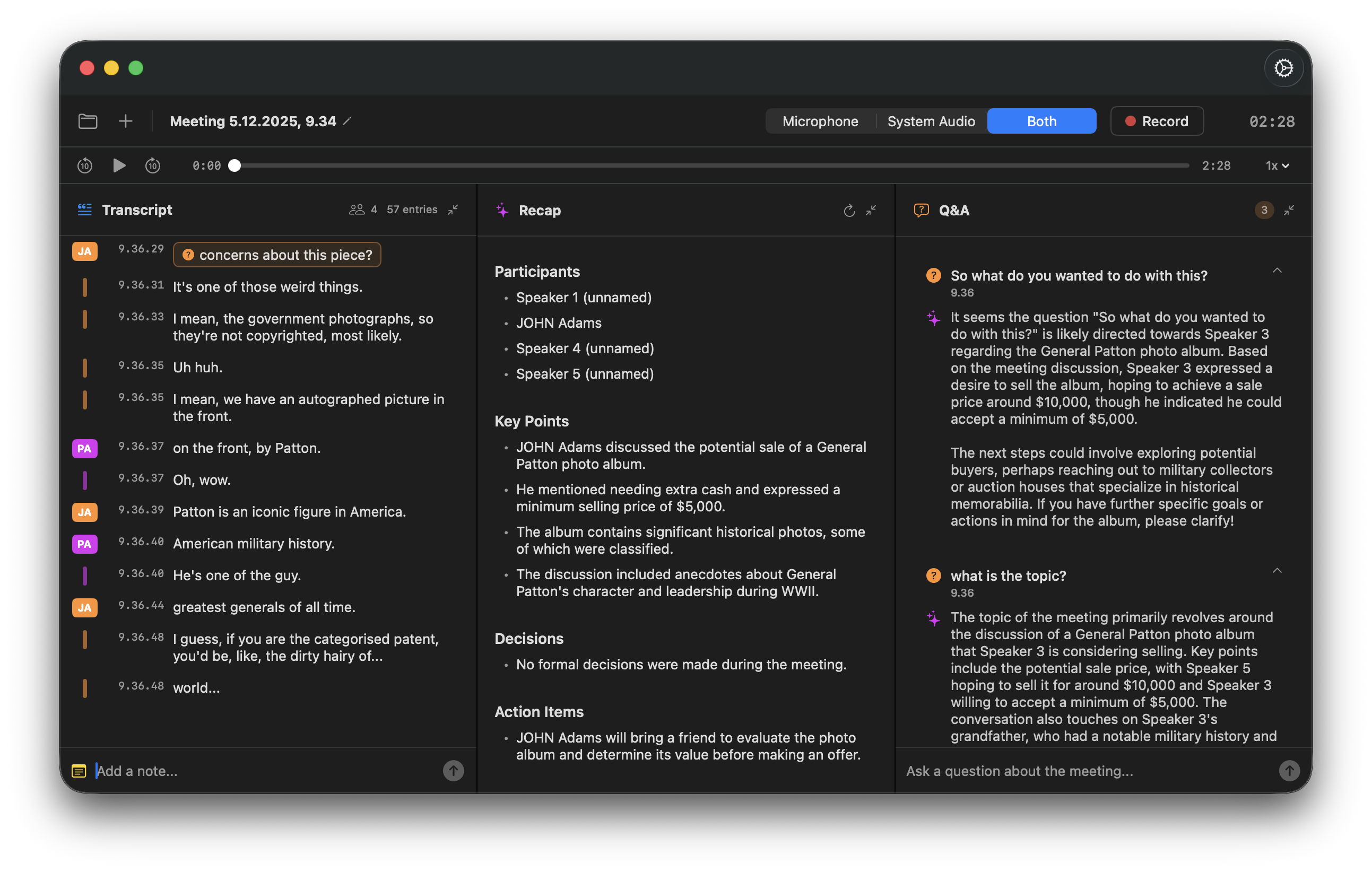 Conversely App Interface showing live transcription, meeting recap, and AI Q&A panels